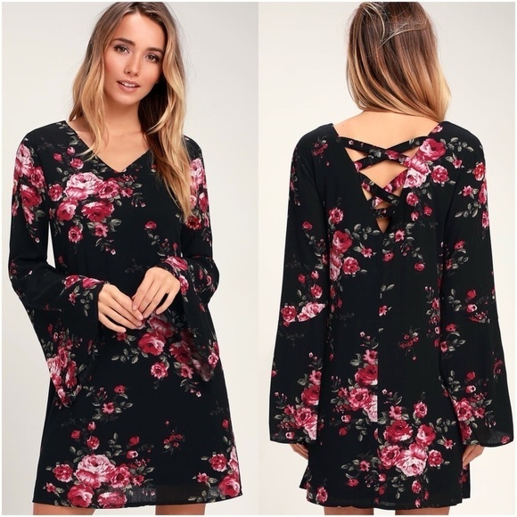 LULU’S Ever Enchanting Black Floral Print Long Sleeve Shift Dress - Picture 1 of 4